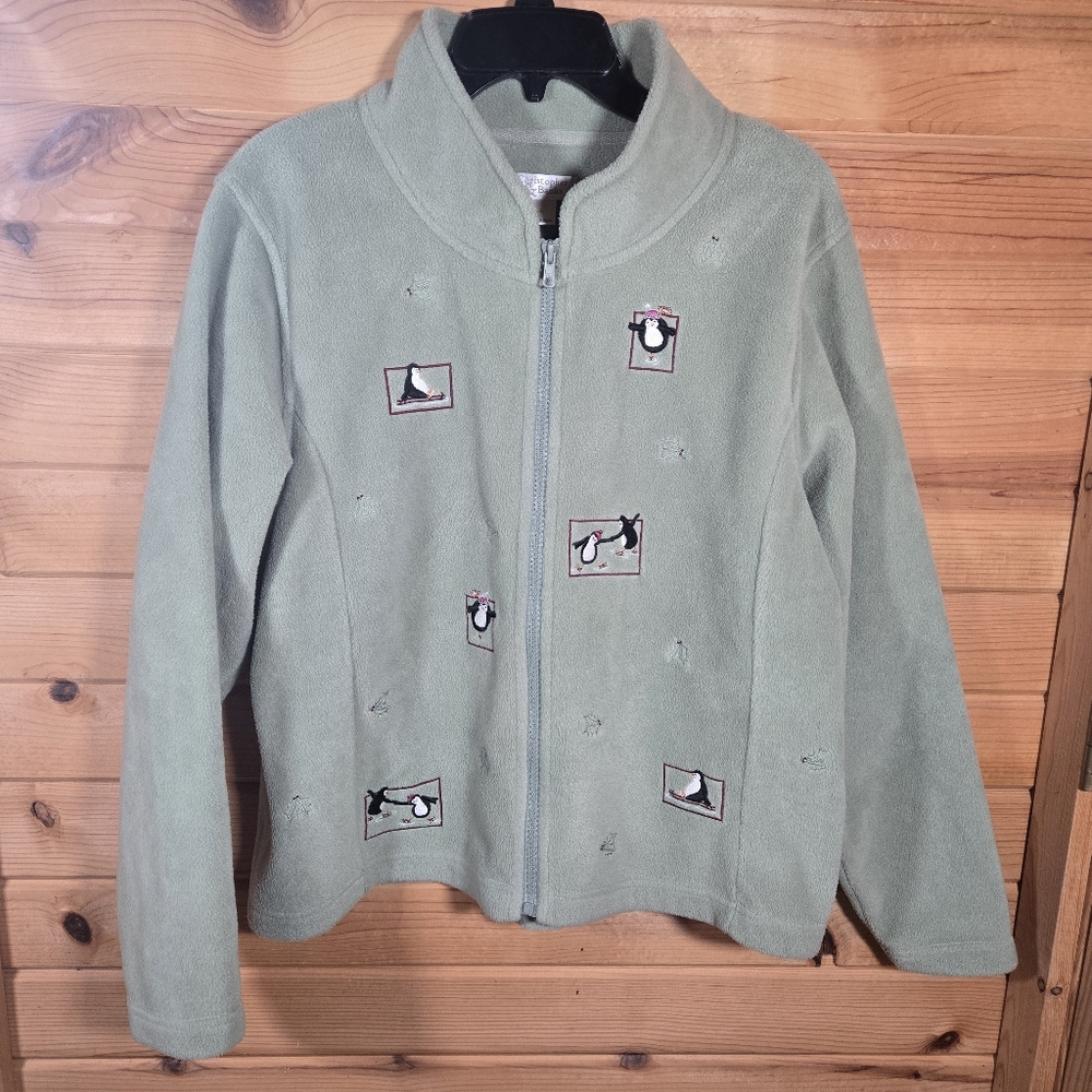 Christopher & Banks Fleece Zip Up Sage Green Embroidered Large Penguins  Winter